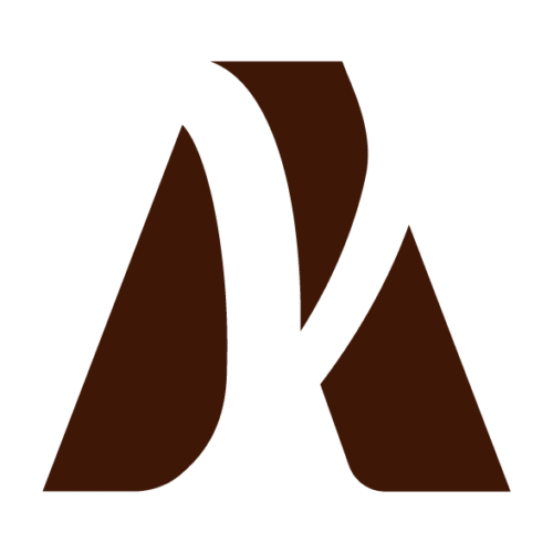 A stylized, abstract letter "A" logo in dark brown on a light gray background, featuring curved and straight shapes that create a modern, dynamic look.